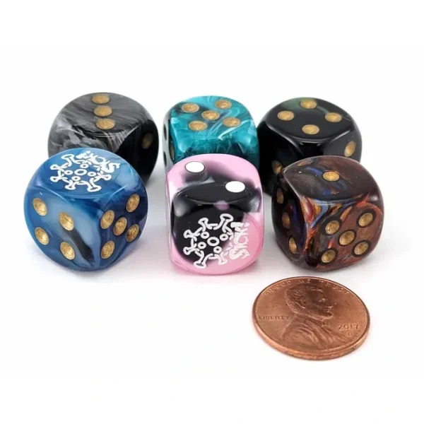 Pack of 6 Chessex Custom Engraved 16mm D6 Assorted Style Dice - Sick! Virus - Your Source for Gaming Essentials Online