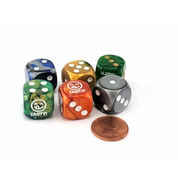 Pack of 6 Chessex Custom Engraved 16mm D6 Assorted Style Dice - Tasty! Face - Your Source for Gaming Essentials Outlet