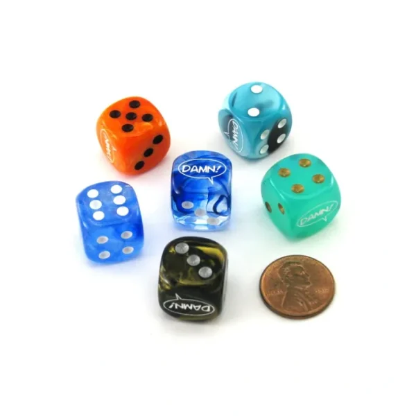 Pack of 6 Chessex Custom Engraved 16mm D6 Assorted Style Funny Meme Dice - Damn! - Your Source for Gaming Essentials Cheap