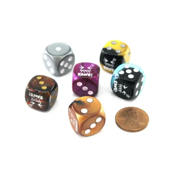 Pack of 6 Chessex Custom Engraved 16mm D6 Assorted Style Funny Meme Dice - RAWR! - Your Source for Gaming Essentials Discount