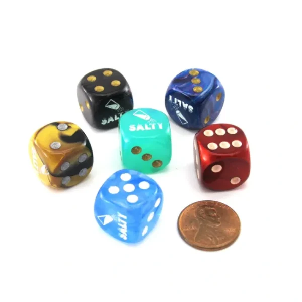Pack of 6 Chessex Custom Engraved 16mm D6 Assorted Style Funny Meme Dice - Salty - Your Source for Gaming Essentials New