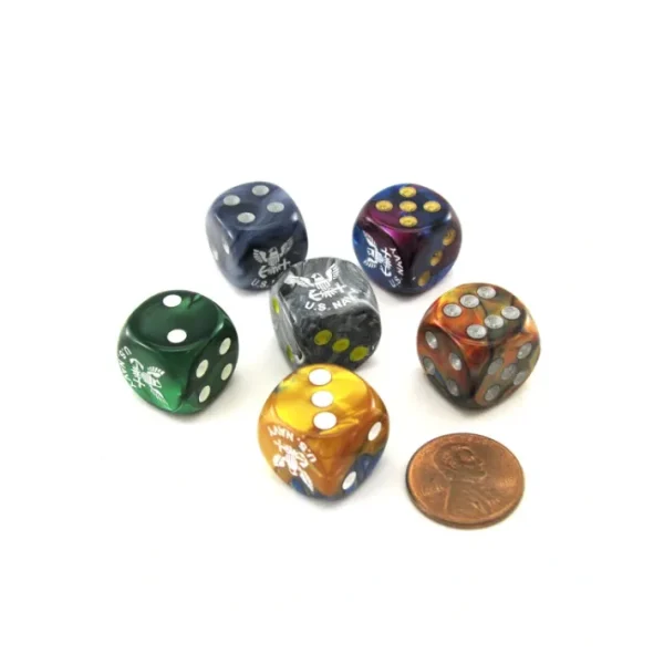 Pack of 6 Chessex Custom Engraved 16mm D6 Assorted Style Military Dice - Navy - Your Source for Gaming Essentials Store
