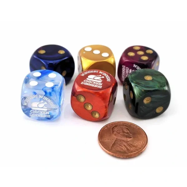 Pack of 6 Chessex Custom Engraved 16mm D6 Dice - Winner Winner Chicken Dinner - Your Source for Gaming Essentials Flash Sale
