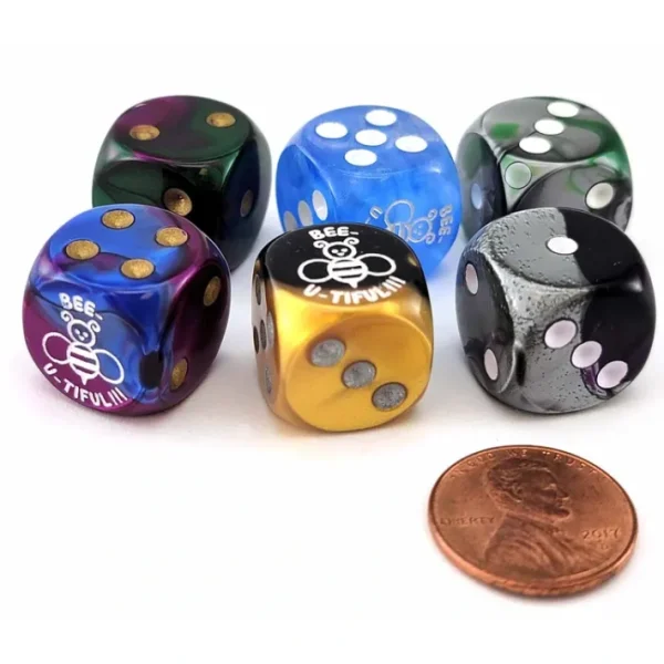 Pack of 6 Chessex Custom Engraved 16mm D6 Assorted Style Dice - Bee-u-tiful - Your Source for Gaming Essentials Outlet