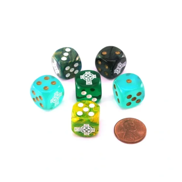 Pack of 6 Chessex Custom Engraved 16mm D6 Assorted Style Dice - Celtic Cross - Your Source for Gaming Essentials Store