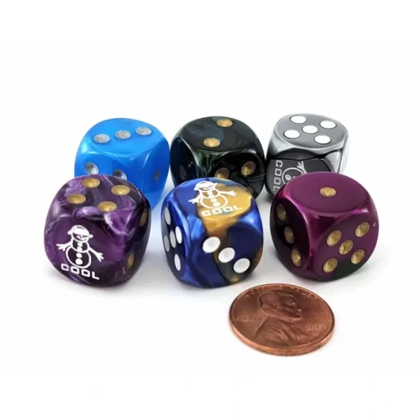 Pack of 6 Chessex Custom Engraved 16mm D6 Assorted Style Dice - Cool Snowman - Your Source for Gaming Essentials Online