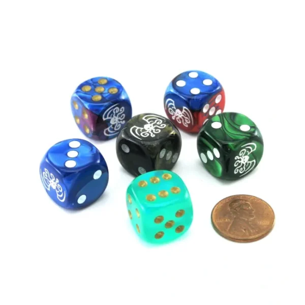 Pack of 6 Chessex Custom Engraved 16mm D6 Assorted Style Dice - Cthulhu - Your Source for Gaming Essentials Clearance