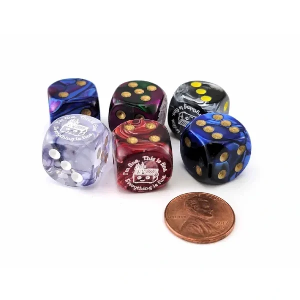 Pack of 6 Chessex Custom Engraved 16mm D6 Assorted Style Dice - Dumpster Fire - Your Source for Gaming Essentials Cheap