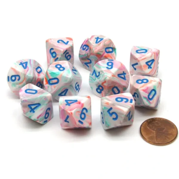 Pack of 10 Chessex Festive D10 Dice - Pop Art with Blue Numbers - Your Source for Gaming Essentials Discount