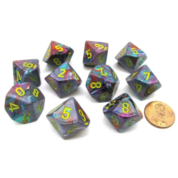 Pack of 10 Chessex Festive D10 Dice - Mosaic with Yellow Numbers - Your Source for Gaming Essentials New