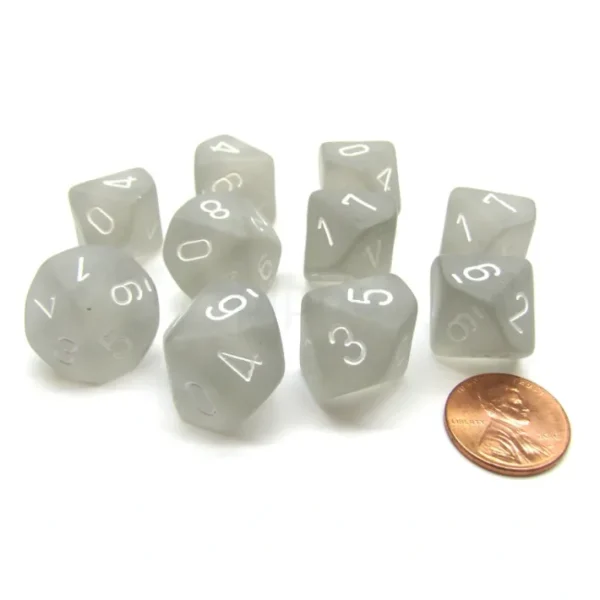 Pack Of 10 Chessex Frosted D10 Dice - Light Smoke with White Numbers - Your Source for Gaming Essentials Outlet
