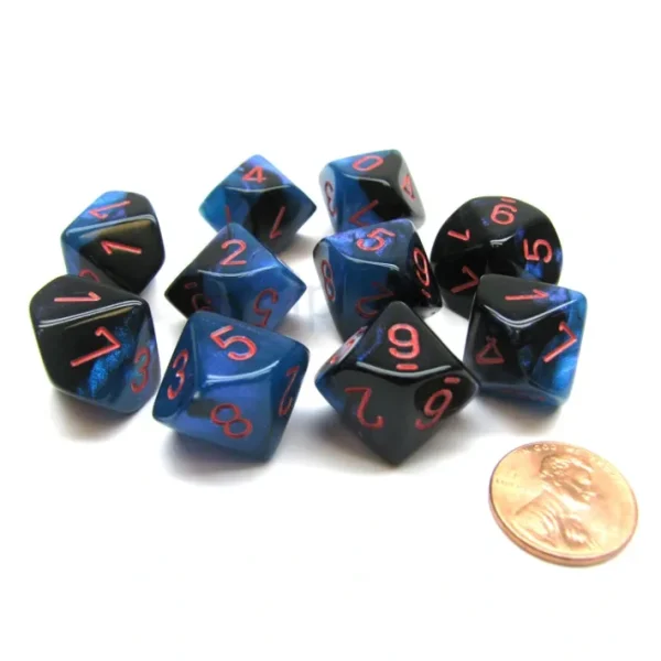 Pack Of 10 Chessex Gemini D10 Dice - Black-Starlight with Red Numbers - Your Source for Gaming Essentials Fashion