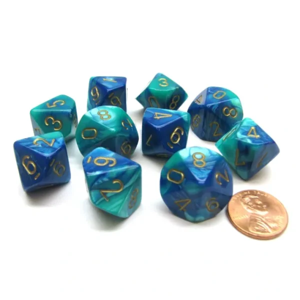 Pack Of 10 Chessex Gemini D10 Dice - Blue-Teal with Gold Numbers - Your Source for Gaming Essentials Hot