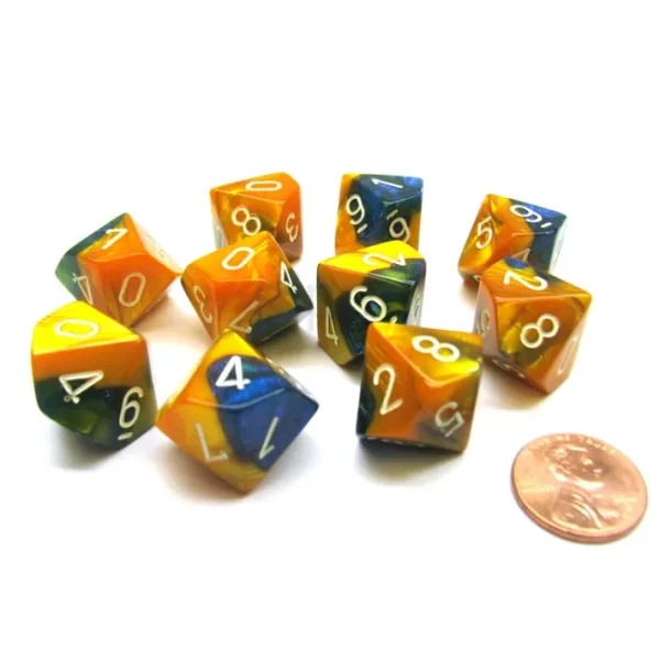 Pack Of 10 Chessex Gemini D10 Dice - Masquerade-Yellow with White Numbers - Your Source for Gaming Essentials Shop