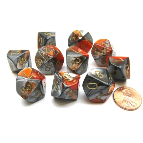 Pack Of 10 Chessex Gemini D10 Dice - Orange-Steel with Gold Numbers - Your Source for Gaming Essentials Online