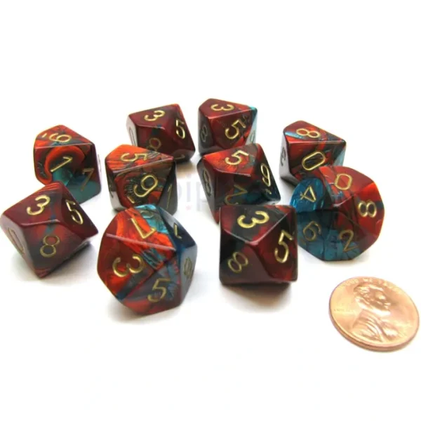 Pack Of 10 Chessex Gemini D10 Dice - Red-Teal with Gold Numbers - Your Source for Gaming Essentials Best