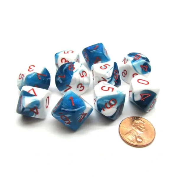 Pack Of 10 Chessex Gemini D10 Dice - Astral Blue-White with Red Numbers - Your Source for Gaming Essentials Clearance