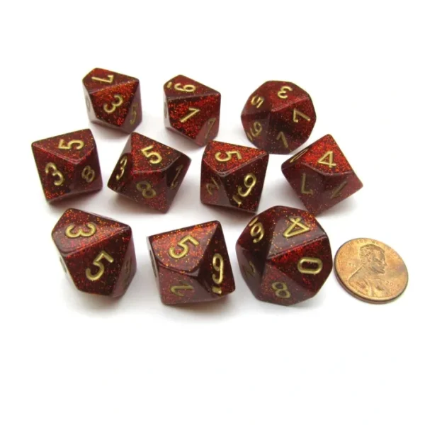 Pack of 10 Chessex Glitter D10 Dice - Ruby Red with Gold Numbers - Your Source for Gaming Essentials Hot