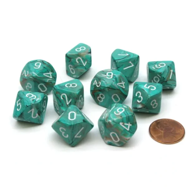 Pack of 10 Chessex Marble D10 Dice - Oxi-Copper with White Numbers - Your Source for Gaming Essentials Outlet