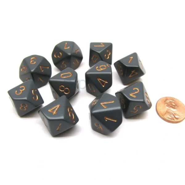 Pack Of 10 Chessex Opaque 10 Sided D10 Dice - Dark Grey with Copper Numbers - Your Source for Gaming Essentials Cheap