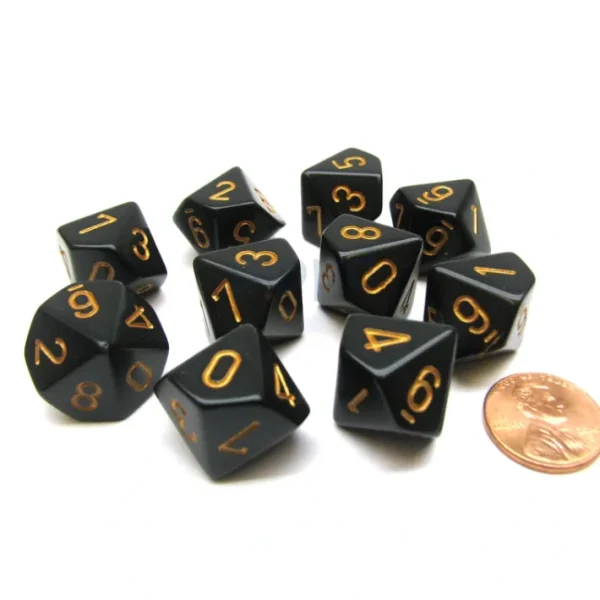 Pack Of 10 Chessex Opaque 10 Sided D10 Dice - Black with Gold Numbers - Your Source for Gaming Essentials Clearance