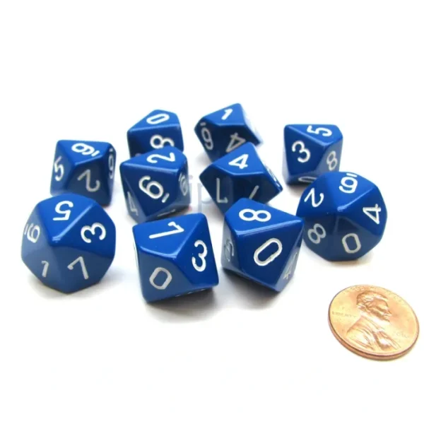 Pack Of 10 Chessex Opaque D10 Dice - Blue with White Numbers - Your Source for Gaming Essentials Sale