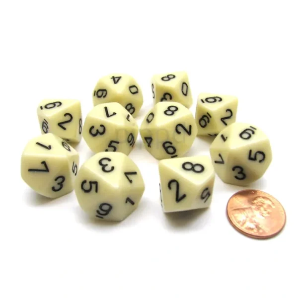 Pack Of 10 Chessex Opaque D10 Dice - Ivory with Black Numbers - Your Source for Gaming Essentials Cheap