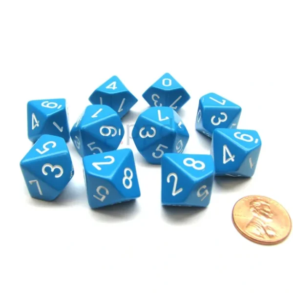 Pack Of 10 Chessex Opaque D10 Dice - Light Blue with White Numbers - Your Source for Gaming Essentials New