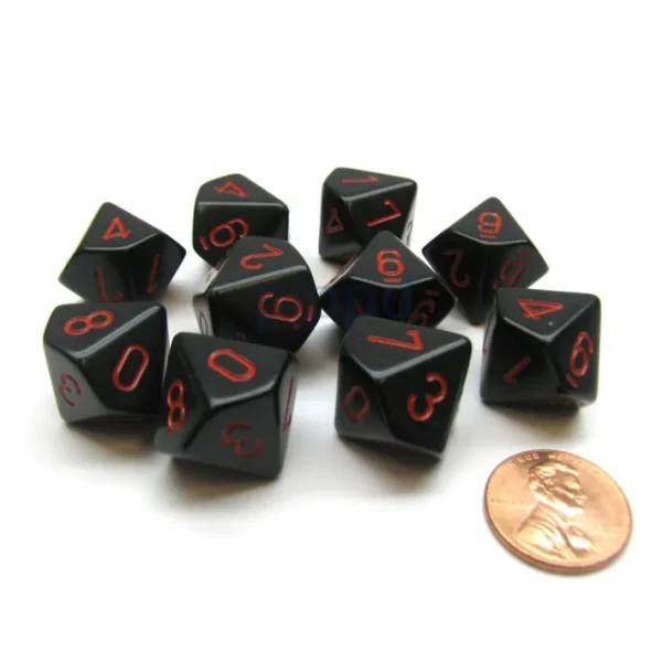 Pack Of 10 Chessex Opaque D10 Dice - Black with Red Numbers - Your Source for Gaming Essentials Sale