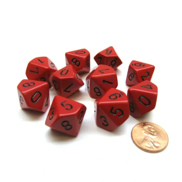 Pack Of 10 Chessex Opaque D10 Dice - Red with Black Numbers - Your Source for Gaming Essentials New