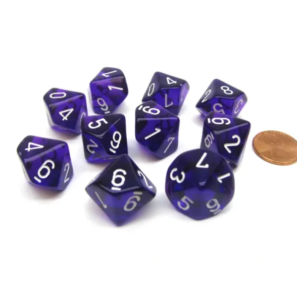 Pack Of 10 Chessex Translucent 10 Sided D10 Dice - Purple with White Numbers - Your Source for Gaming Essentials Best Sale