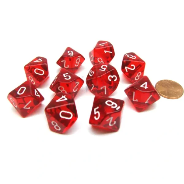 Pack Of 10 Chessex Translucent 10 Sided D10 Dice - Red with White Numbers - Your Source for Gaming Essentials Outlet