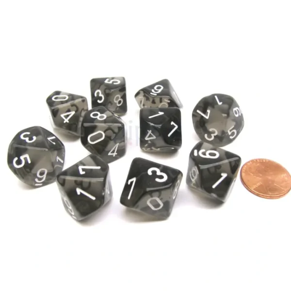 Pack Of 10 Chessex Translucent 10 Sided D10 Dice - Smoke with White Numbers - Your Source for Gaming Essentials Fashion