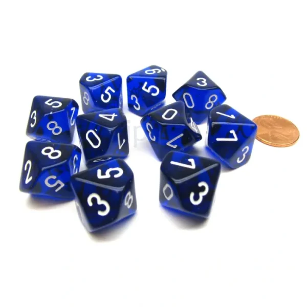Pack Of 10 Chessex Translucent 10 Sided D10 Dice - Blue with White Numbers - Your Source for Gaming Essentials Store
