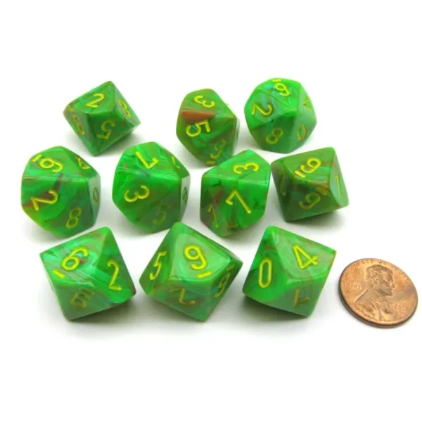 Pack of 10 Chessex Vortex D10 Dice - Slime with Yellow Numbers - Your Source for Gaming Essentials Clearance