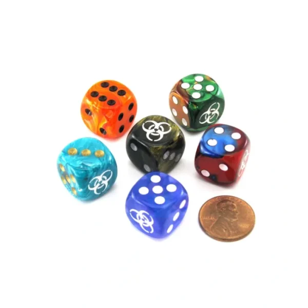 Pack of 6 Custom Engraved 16mm D6 Assorted Style Funny Meme Dice - Biohazard - Your Source for Gaming Essentials Cheap
