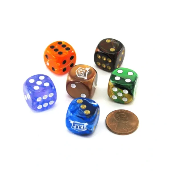 Pack of 6 Custom Engraved 16mm D6 Assorted Style Funny Meme Dice - R.I.P. - Your Source for Gaming Essentials Cheap