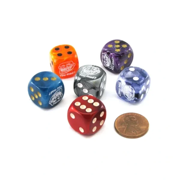 Pack of 6 Custom Engraved 16mm D6 Assorted Style Funny Meme Dice - You Mad? - Your Source for Gaming Essentials New