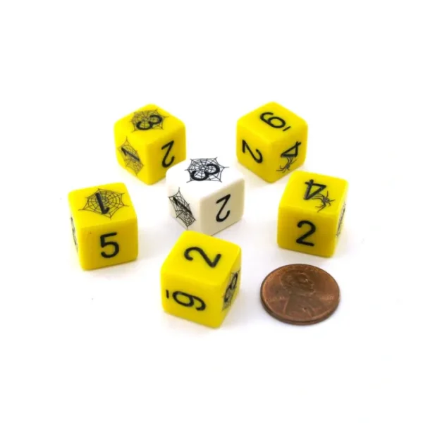 Pack of 6 Custom Engraved 16mm Spider Dice - Yellow with Black, White with Black - Your Source for Gaming Essentials Online