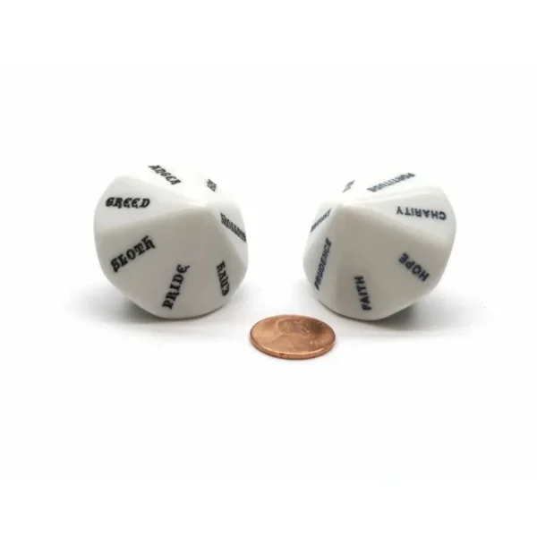 Pack of 2 D14 7 Virtues and 7 Sins Dice - White with Black Words - Your Source for Gaming Essentials Hot
