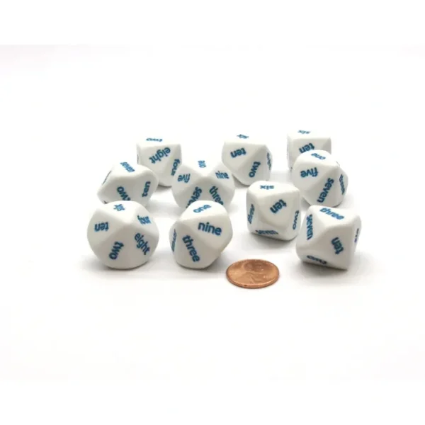 Pack of 10 D10 English Word Number Dice, one to ten - White with Blue Words - Your Source for Gaming Essentials Store