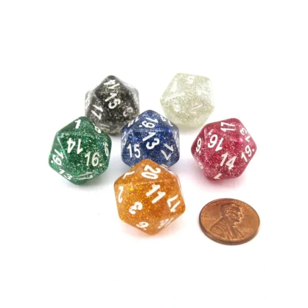 Pack of 6 D20 Glitter Dice - Black, Blue, Clear, Green, Purple, Yellow - Your Source for Gaming Essentials Sale