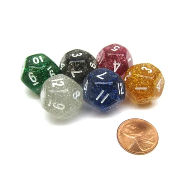 Pack of 6 D12 Glitter Dice - Black, Blue, Clear, Green, Purple, Yellow - Your Source for Gaming Essentials Online