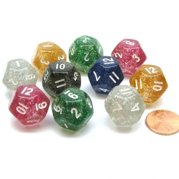 Pack of 10 D12 Glitter 12-Sided Dice - Assorted Colors - Your Source for Gaming Essentials Fashion