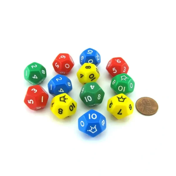 Pack of 12 D12 Jester Dice Numbered 0 to 10 - 3 Each of Green Red Yellow Blue - Your Source for Gaming Essentials Fashion