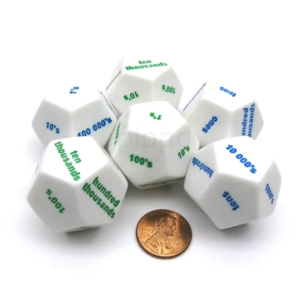 Pack of 6 D12 Large 28mm Place Value White Dice - 3 Green and 3 Blue Etches - Your Source for Gaming Essentials Sale