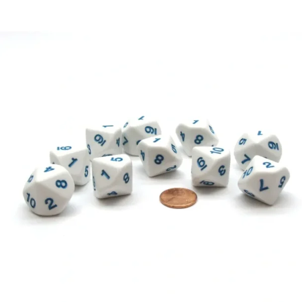 Pack of 10 D10 20mm Dice Numbered 1 to 10 - White with Blue Numbers - Your Source for Gaming Essentials Sale