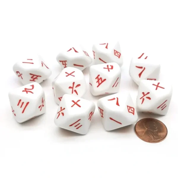 Pack of 10 D10 20mm Japanese and Chinese Word Number Dice 1 to 10 - White w/ Red - Your Source for Gaming Essentials Best Sale