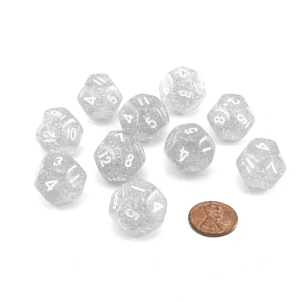 Pack of 10 D12 20mm Koplow Games Glitter Dice - Clear - Your Source for Gaming Essentials Hot