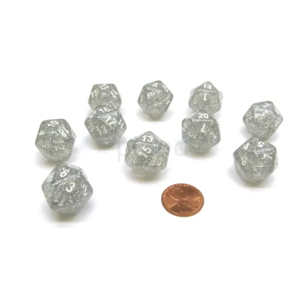 Pack of 10 D20 20mm Koplow Games Glitter Dice - Clear - Your Source for Gaming Essentials New